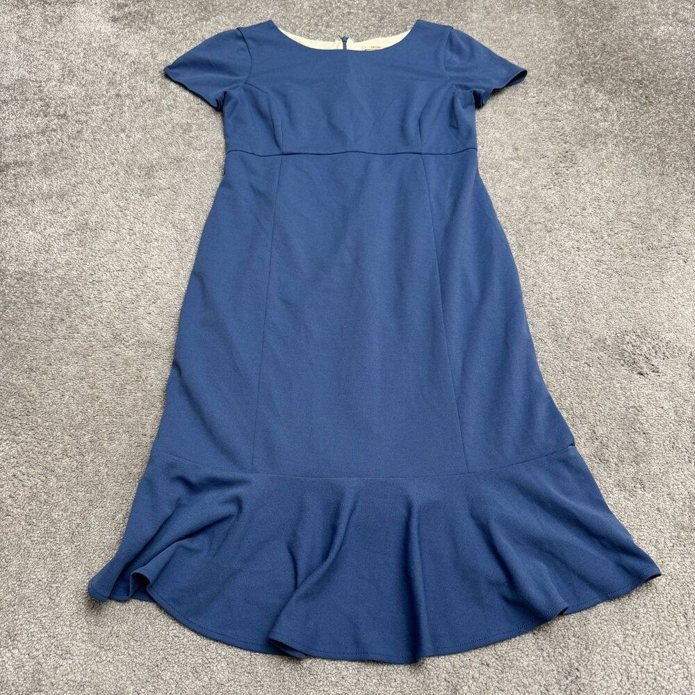 Paper Crown Ruffle Hem Midi Sheath Dress Womens Medium Blue short Sleeve Rayon